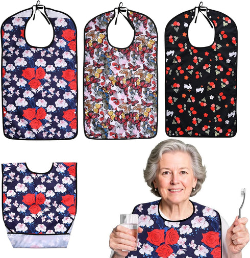Oulisen 3 Pcs Adult Bibs For Women With Crumb Catcher, Reusable Waterproof Large