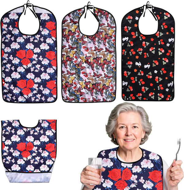Oulisen 3 Pcs Adult Bibs For Women With Crumb Catcher, Reusable Waterproof Large