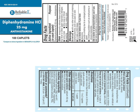 Reliable 1 Diphenhydramine HCI 25mg Antihistamine 100 Caplets (1 Bottle)