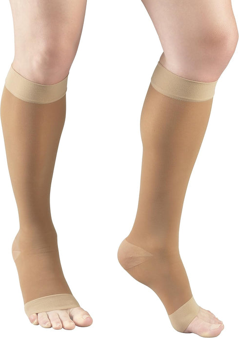 Truform Sheer Compression Stockings, 15-20 mmHg, Women's Knee High Length, Open Toe, 20 Denier, Beige, 2X-Large