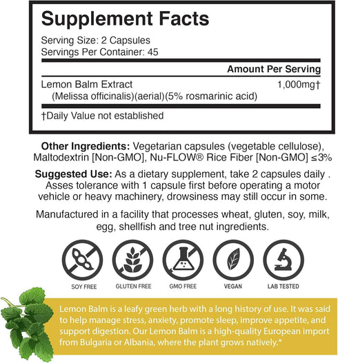 Brain Forza Lemon Balm R5 Extract Capsules - 90 Capsules, Standardized Extract 5% Rosmarinic Acid
