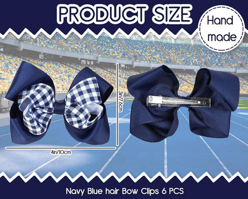 Whaline 6Pcs Back to School Uniform Hair Bow Clips Navy Blue Plaid Stripe Dot Hair Barrettes Grosgrain Ribbon Alligator Clips for School Hair Accessories, 3 Styles