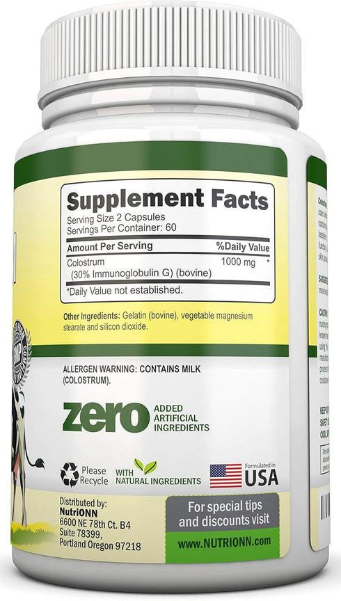 Colostrum - 1000mg - 120 Capsules - Non-GMO US Dairy, First Milking Bovine Colostrum for Immune Support and GI Health