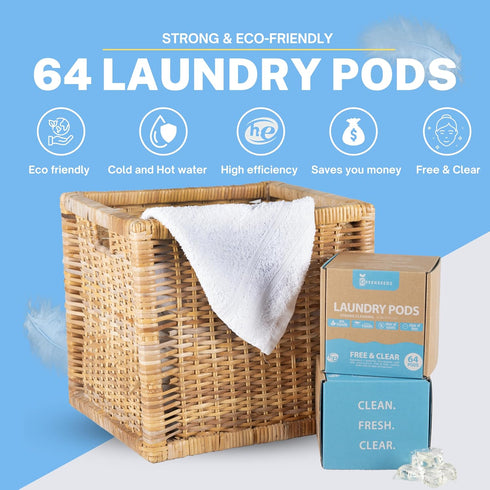 Free And Clear Eco Friendly Unscented Laundry Detergent Pods, 64 Pacs, Skin Friendly, HE Compatible