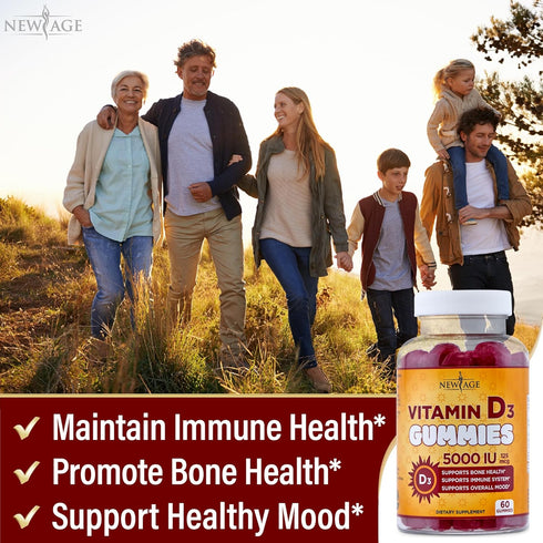 NEW AGE Vitamin D3 5000 IU 125mcg Gummies - Strong Bone Health, Immune Support - Non-GMO, Gluten-Free, Dairy-Free, 60