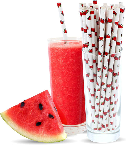 Watermelon Paper Straws Pack of 100, Biodegradable Disposable Party Decorations, 7.75 Inches