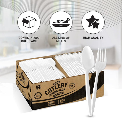 1000 Pcs Plastic Utensils Set - 500 Plastic Forks and 500 Plastic Teaspoons, Medium Weight Disposable Cutlery