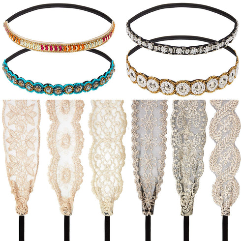 WILLBOND 10 Pieces Rhinestone Beaded Headbands, Elastic Lace Handmade Headwraps, Vintage Crystal Hair Accessories