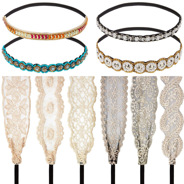 WILLBOND 10 Pieces Rhinestone Beaded Headbands, Elastic Lace Handmade Headwraps, Vintage Crystal Hair Accessories