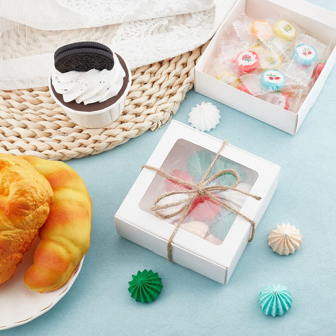 BENECREAT 20 Pack White Kraft Paper Boxes with Clear Window, 3.6x3.6x1.4, Gift Packaging for Bakery Cookies Cake Candy