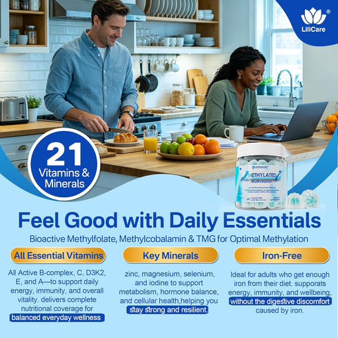 Gummies B12, D3K2, Coq10, 60 Methylated Multivitamin for Men & Women + Greens & Mushroom Blend, Methylfolate & TMG