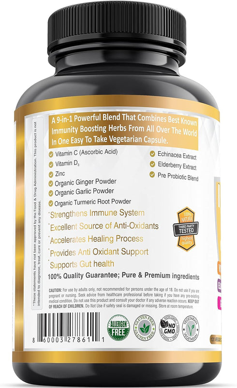 9-in-1 Immune Support Vitamin C (1000mg), D3 (5000 IU), Zinc (22mg) with Elderberry, Turmeric, Echinacea, Ginger,