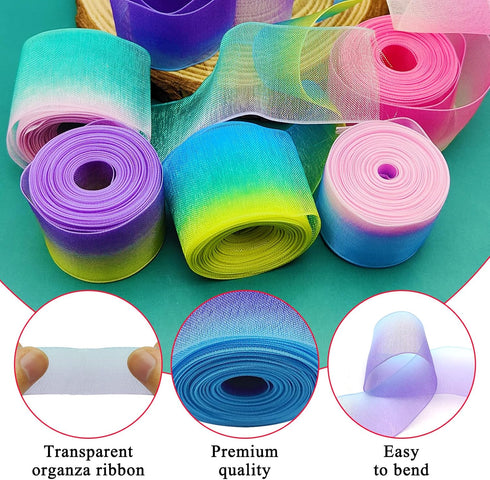 6 Rolls Organza Chiffon Ribbons, Rainbow Wrapping, Sheer for Crafts, Gift Wrapping
