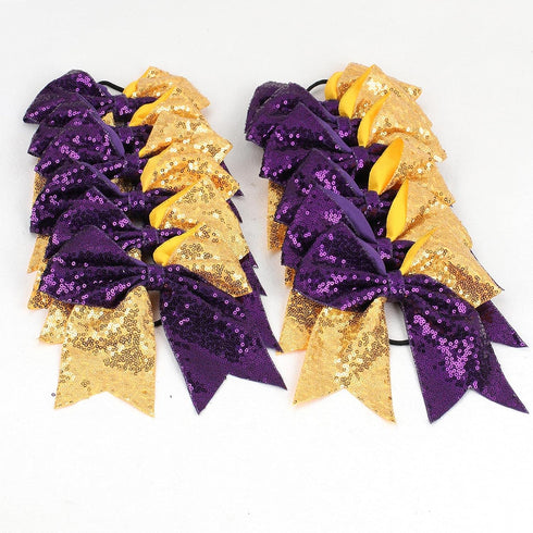 Oaoleer 12 Count 7" Hair Ties for Girls - Large Sparkly Sequin Glitter Cheer Bows, Purple & Gold