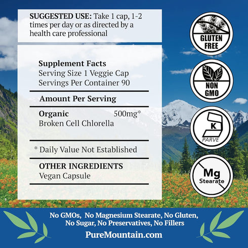 Pure Mountain Botanicals 90 Kosher Vegan Chlorella Capsules - 500mg Organic Broken Cell Wall Powder