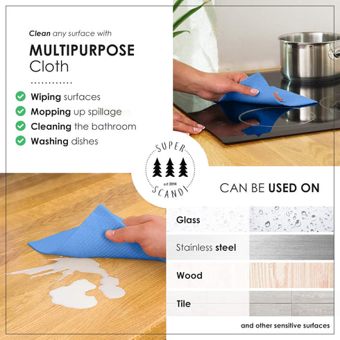 SUPERSCANDI 10 Pack Swedish Dishcloths, 100% Biodegradable & Compostable, Food-Safe, Washable, Blue