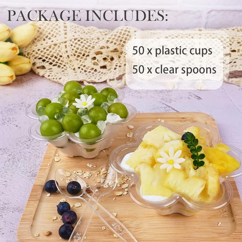 50ct 8oz Clear Plastic Dessert Cups with Spoons, Disposable Flower Shaped Ice Cream Bowls for Parties