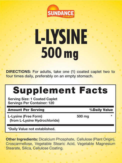 L-Lysine 500mg | 120 Caplets | Free Form Amino Acid | Vegetarian, Non-GMO, and Gluten Free Supplement | by Sundance
