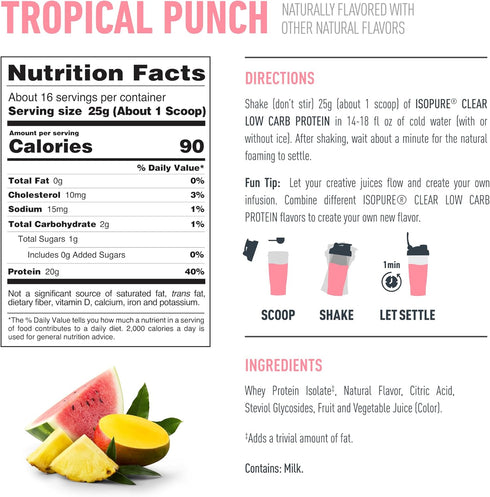 Isopure Clear Whey Isolate Protein Powder, Tropical Punch, Lactose Free, Gluten Free, 20g Protein Per Serving, 14.1 Oz