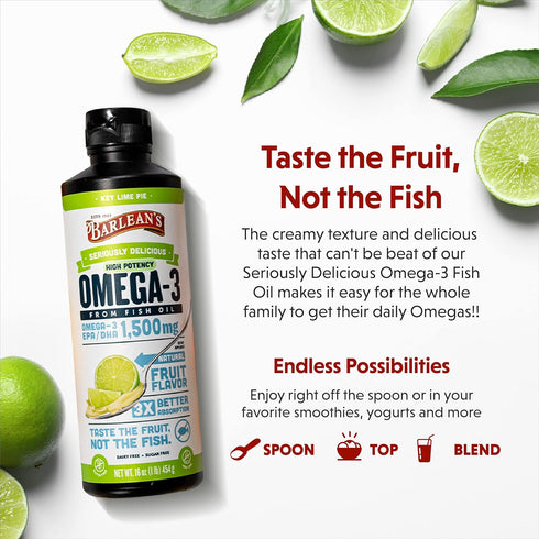 Barlean's Key Lime Pie High Potency Omega 3 Fish Oil Liquid Supplement, 1500mg of EPA & DHA Fatty Acid, 8 oz
