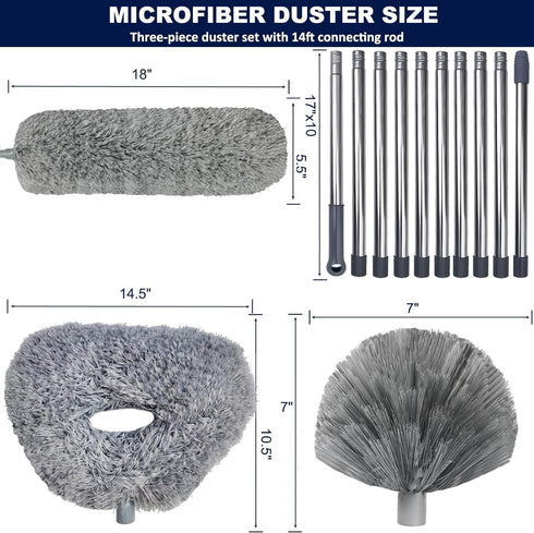 3 Pack 20+ Feet High Reach Grey Microfiber Feather Duster with 3-14 ft Spliceable Pole Cobweb Duster for Cleaning Fan, Spider Web, High Ceiling, Blinds, Furniture Cleaning Tool Kit by Tonmp