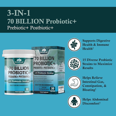 Probiotics 70 Billion CFU - 15 Strains + Organic Prebiotic - Supports Digestive & Immune Function