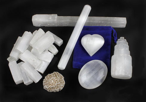 DANCING BEAR Selenite Protection Collection (22 pc Set): 12-15 Sticks (1.5-2”), Palm Stone, Heart, Tower, 8" Stick,
