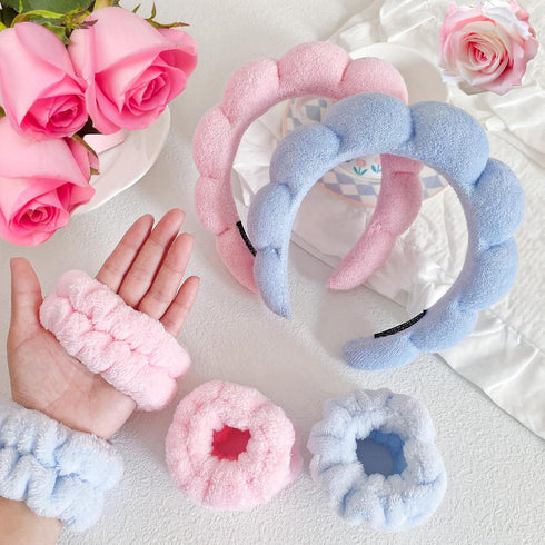 Blue Spa Headband for Washing Face, Soft Puffy Makeup Skincare Headband & Wristband Set for Women Girls