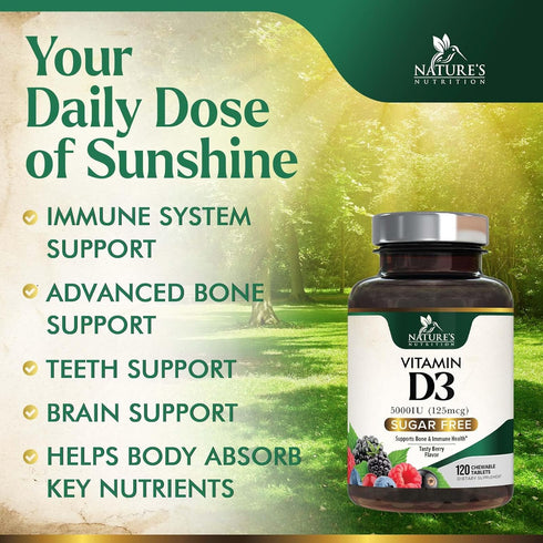 Vitamin D3 5000 IU Chewable for Bone, Teeth, Muscle & Immune Support, 120 Chewable Tablets