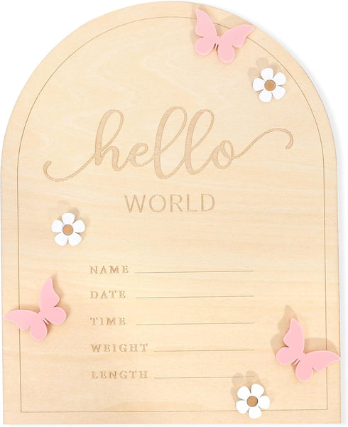TERJIO Hello World Newborn Sign - Baby Announcement Sign for Baby Showers, Pink