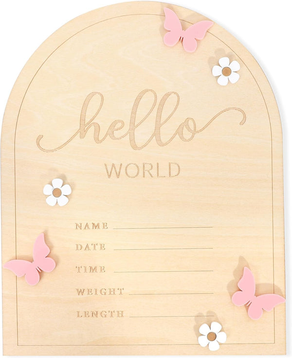TERJIO Hello World Newborn Sign - Baby Announcement Sign for Baby Showers, Pink