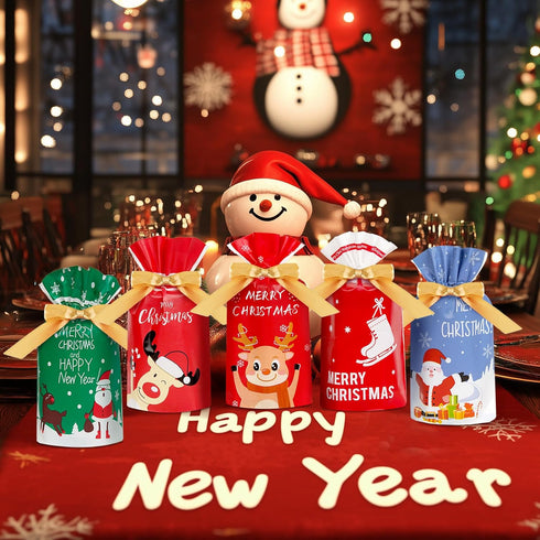 DLY 50 Pcs Christmas Candy Bags - Plastic Drawstring Gift Bags for Treats and Party Favors