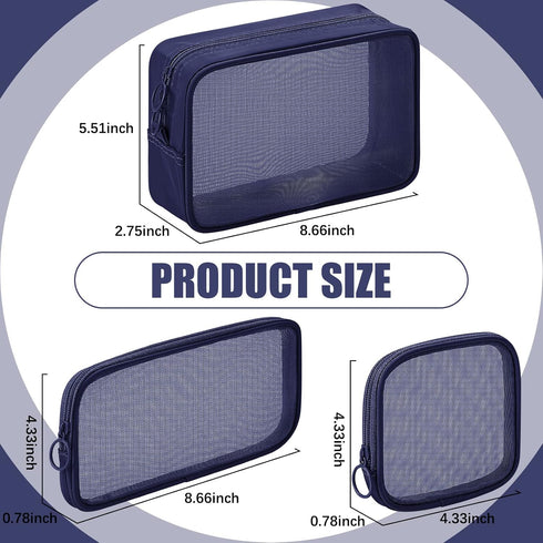 Weewooday 4 Pcs Mesh Makeup Bag Mesh Cosmetic Bag Travel Toiletry Bag Pouch with Zipper Mini Portable Makeup Cosmetic Travel Toiletry Purse Bag for Daily Accessories(Navy Blue, Small, Large,Medium)