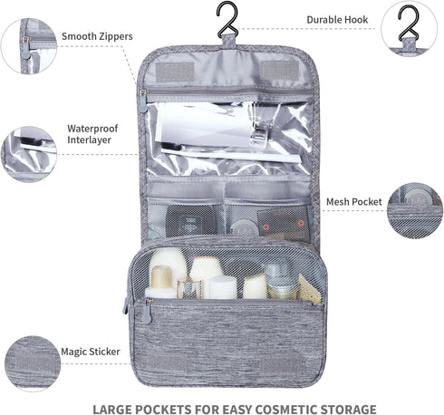 Large Capacity Toiletry Bag with Hanging Hook for Men and Women, Waterproof Travel Cosmetic Bag in Grey