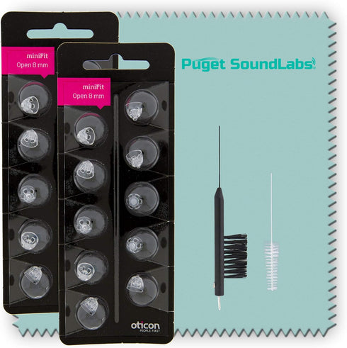 Oticon Minifit Open 8mm Dome Piece with Hearing Aid Cleaning Brush, Vent Tool, Microfiber Cloth (2 Packs, 20 Domes)