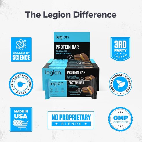 Legion Protein Bar, Chocolate Peanut Butter - 100% Whey Protein, Baked Bars with Prebiotic Fiber, High Protein (20g)