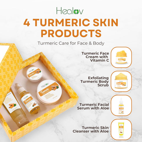 Turmeric Skincare Set, Brightening & Acne Products, Cleanser, Body Scrub, Face Cream & Serum