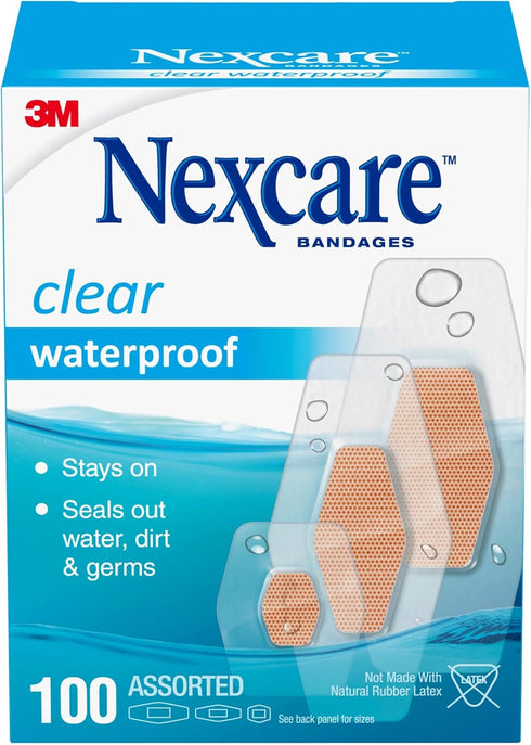 Nexcare Clear Waterproof Bandages, Assorted Sizes, 100-Pack, Clear