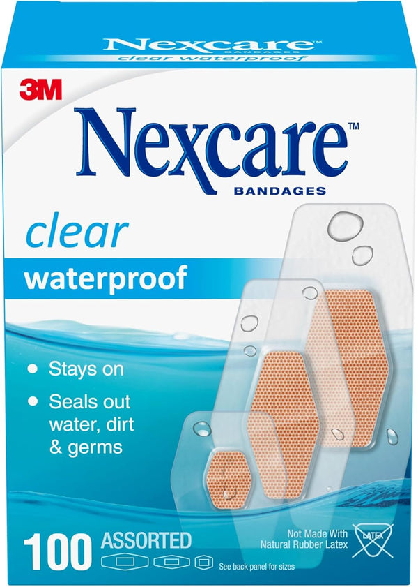 Nexcare Clear Waterproof Bandages, Assorted Sizes, 100-Pack, Clear