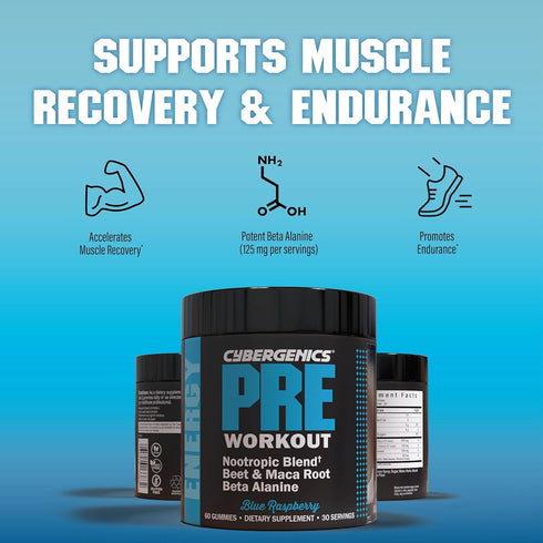 Pre Workout Gummies, 60 Gummies, 30 Servings | Supports Energy Levels, Boosts Performance, Natural Beet Root, Blue