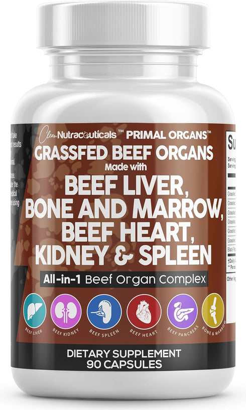 Clean Nutraceuticals Grass Fed Beef Liver Capsules - 3000mg - Premium Quality Supplement with Desiccated Beef Heart,