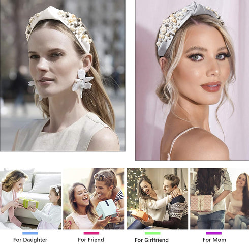 Ivyu Knotted Pearl Headbands for Women - Fashion Hair Accessories, No Slip Top Knot Headband Gift (White Gray Beige)