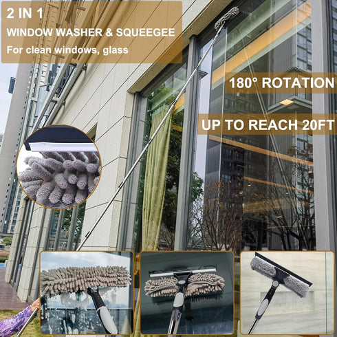 20+ Feet Reach 2 in 1 Window Washing Squeegee & Duster with 3-14 ft Splicable Extension Pole for Indoor & Outdoor