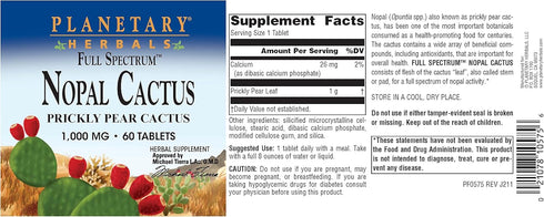 Planetary Herbals Full Spectrum Nopal Cactus 1000mg Prickly Pear Cactus Antioxidant, 100% Natural, 60 Tablets