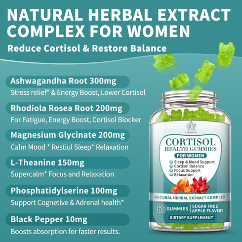 Herbance Gummies 30 Cortisol Supplements for Women, Cortisol Reducer w.Ashwagandha Rhodiola Rosea Magnesium L-Theanine