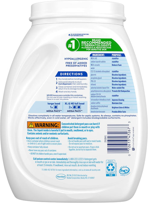 all Mega Pacs Laundry Detergent Pacs, Free Clear for Sensitive Skin, Unscented and Dye Free, 56 Count