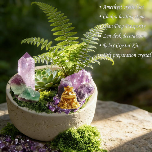 qumHmup Set 6 Amethyst Crystal with Money Frog, Stones, Chakra Healing, Relaxation, Zen Desk Decor, Ceramic Pot