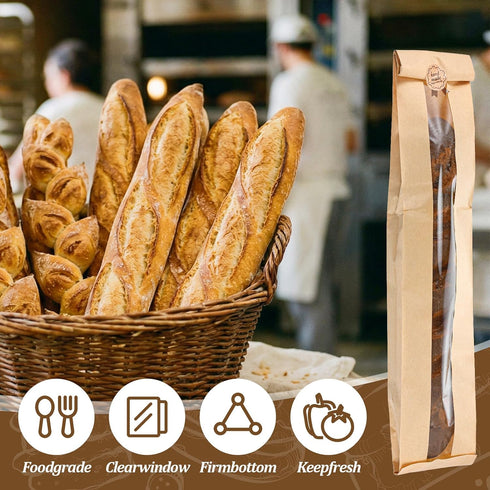 Kegeeei 150 Pack 150 23x4x1.6 Inch Packaging Baguette Bags with Clear Front Window and Seal Stickers, Paper Bread Bags