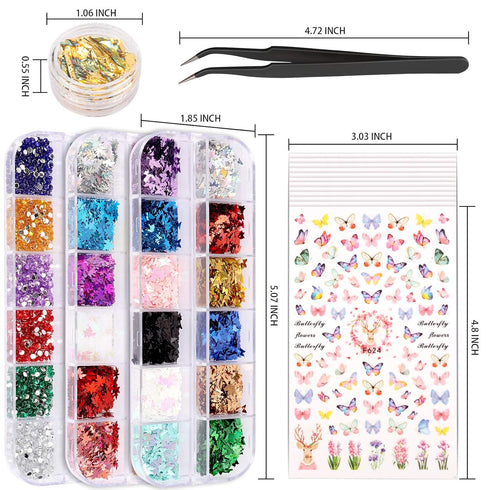 Teenitor Nail Art Decoration - 12 Sheets Nail Art Stickers, Butterfly Nail Foil Stickers, and Rhinestones