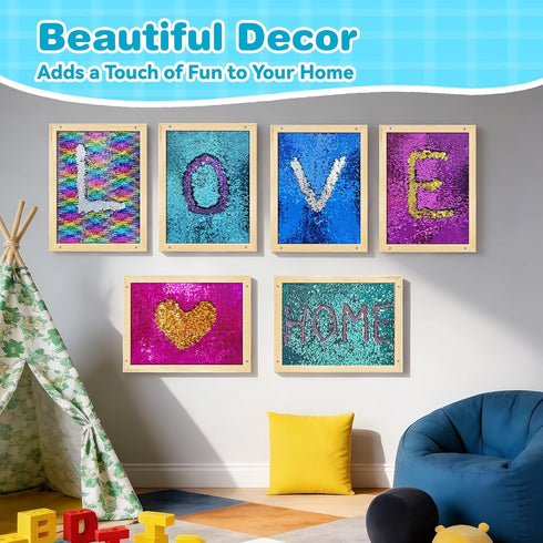 LILXIU 6 PCS Sensory Wall Panel with Wood Frame, Flip Sequin Wall Colorful Touch Learning Board with Felt Backing